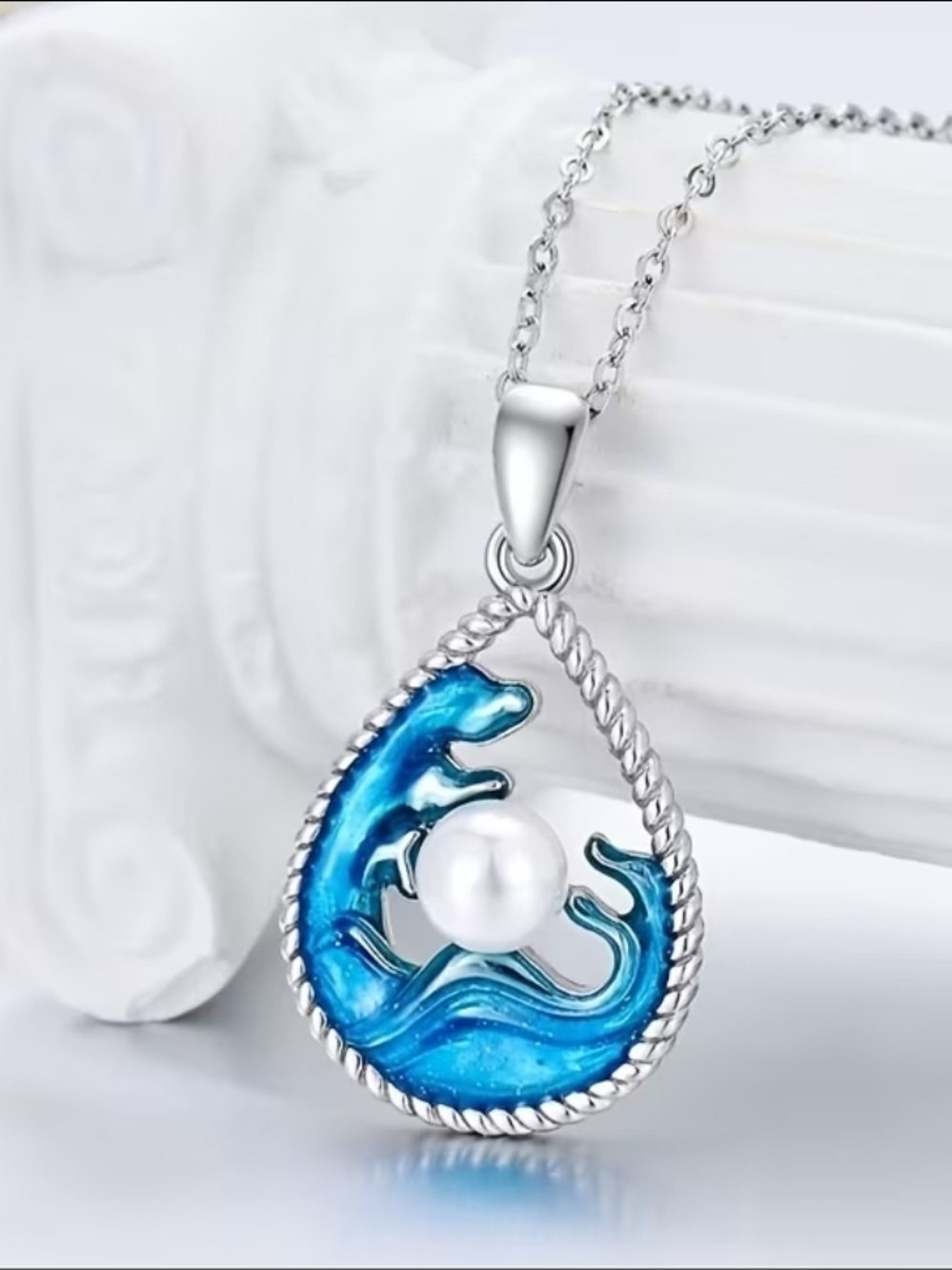 NWOT Sterling Silver Blue Wave Pearl Pendant Necklace